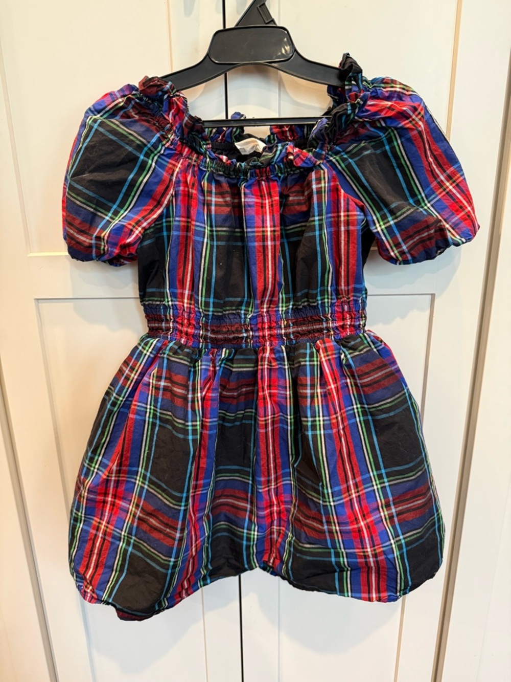 Crewcuts Red & Black Plaid Off-Shoulder Puff Sleeve Dress
